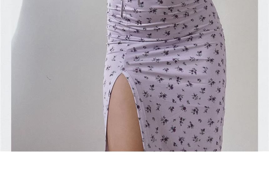 Print Spaghetti Dress Scoop Neck Midi Ruched Bodycon Floral Strap