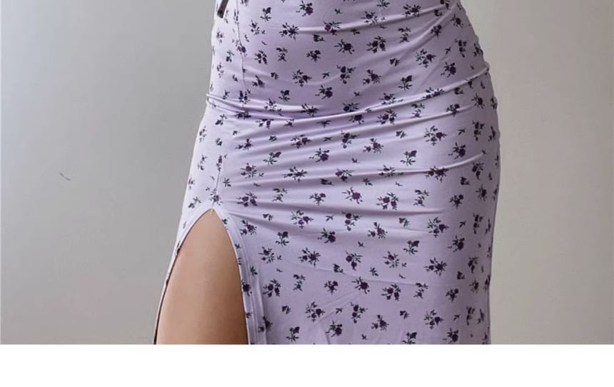 Floral Midi Ruched Dress Strap Spaghetti Bodycon Print Scoop Neck