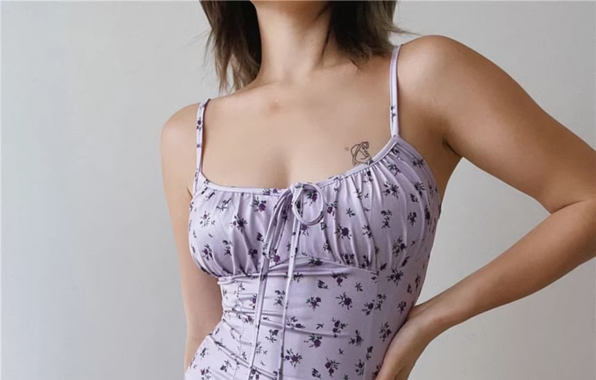 Floral Midi Ruched Dress Strap Spaghetti Bodycon Print Scoop Neck