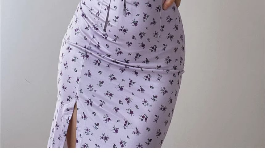 Floral Midi Ruched Dress Strap Spaghetti Bodycon Print Scoop Neck