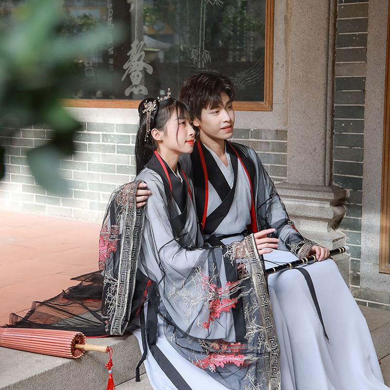 Couple Matching Embroidered Mesh Hanfu Jacket / Top / Long Top / High Waist Maxi A