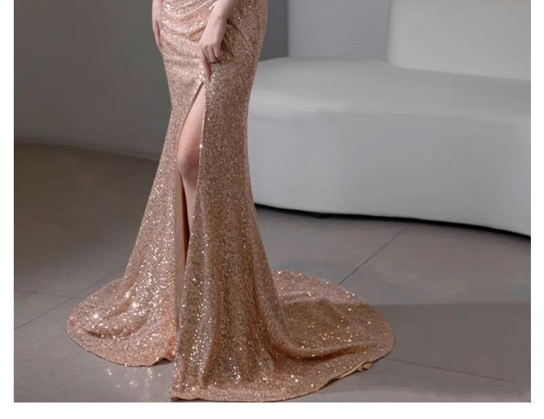 Short-Sleeve Off Shoulder Sequin Feather Trim Ruched Slit Trumpet Evening Gown