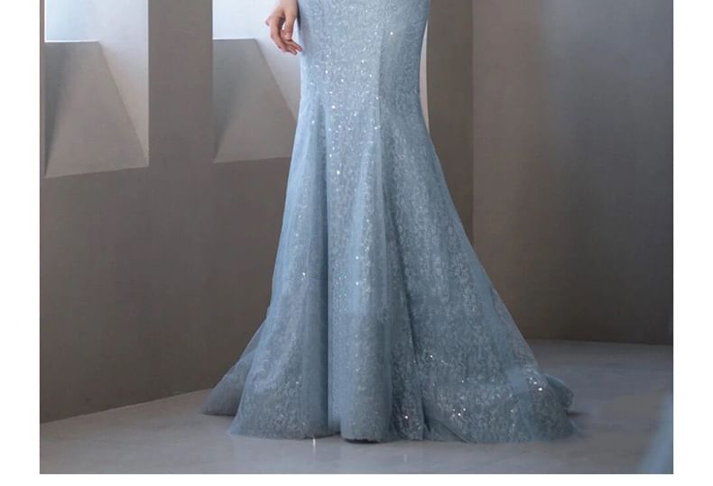 Short-Sleeve Off Shoulder Sequin Panel Trumpet Evening Gown