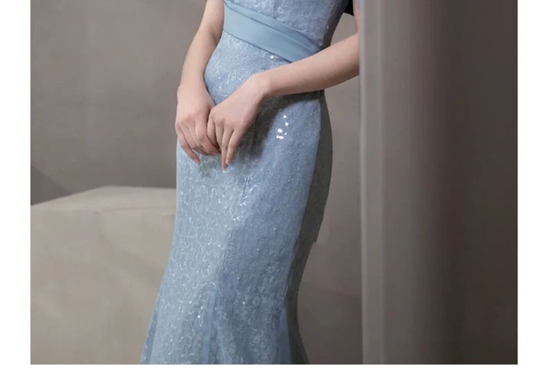 Short-Sleeve Off Shoulder Sequin Panel Trumpet Evening Gown