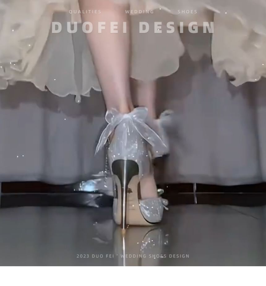 Glitter Bow Strap Sandals Pearl Stiletto Faux Ankle