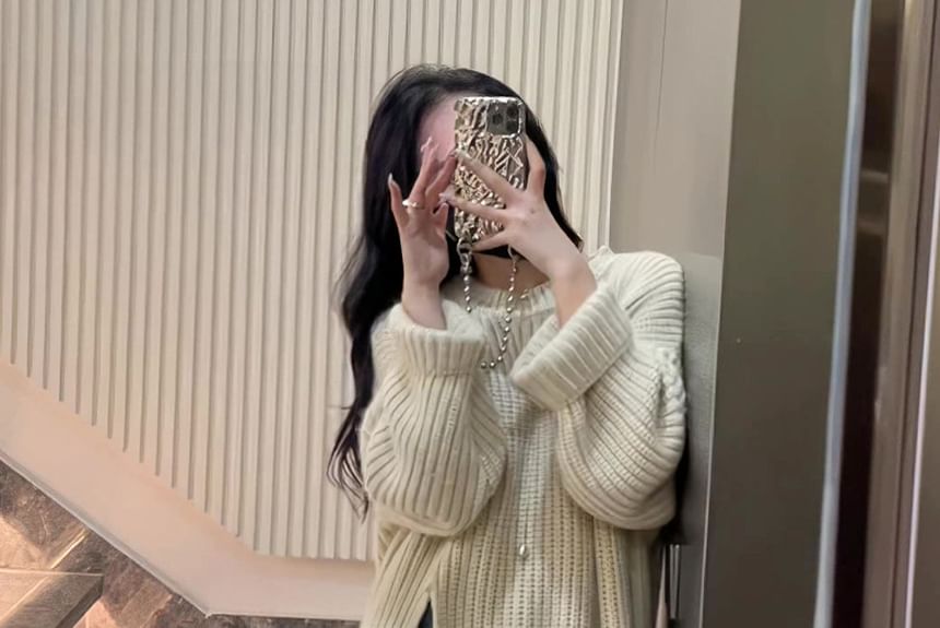 Crew Sweater Midi Plain Slit Neck Dress