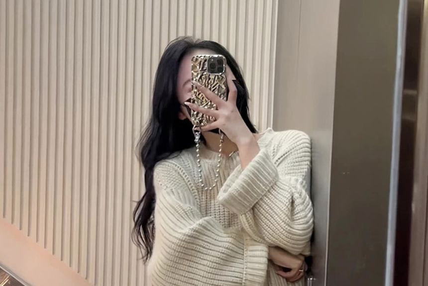 Crew Sweater Midi Plain Slit Neck Dress