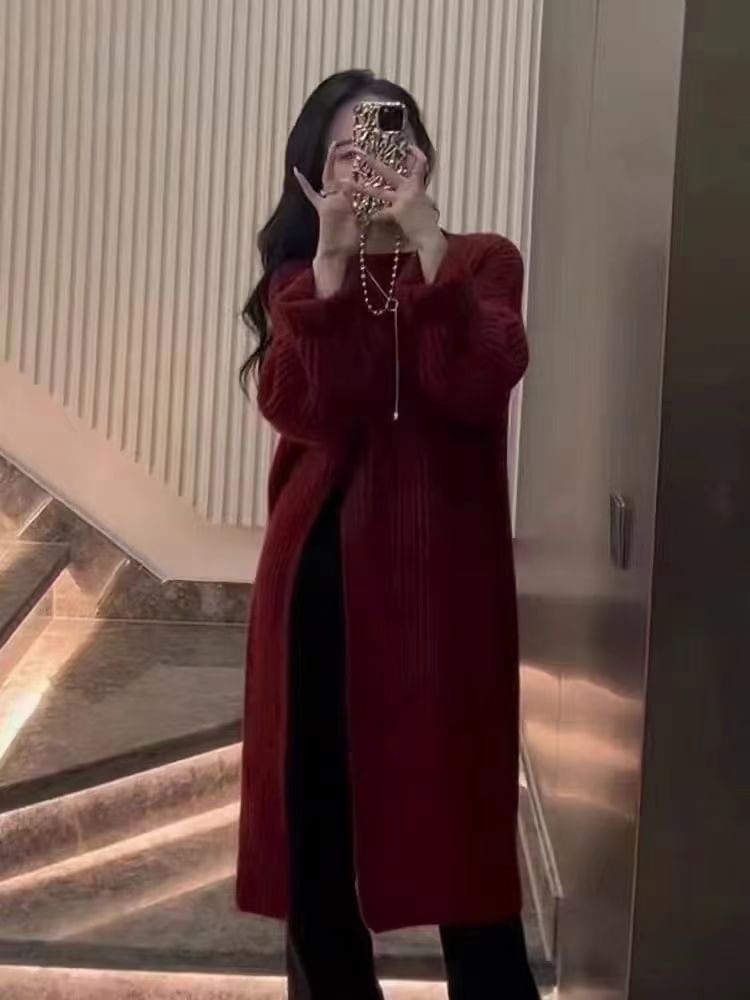 Crew Sweater Midi Plain Slit Neck Dress