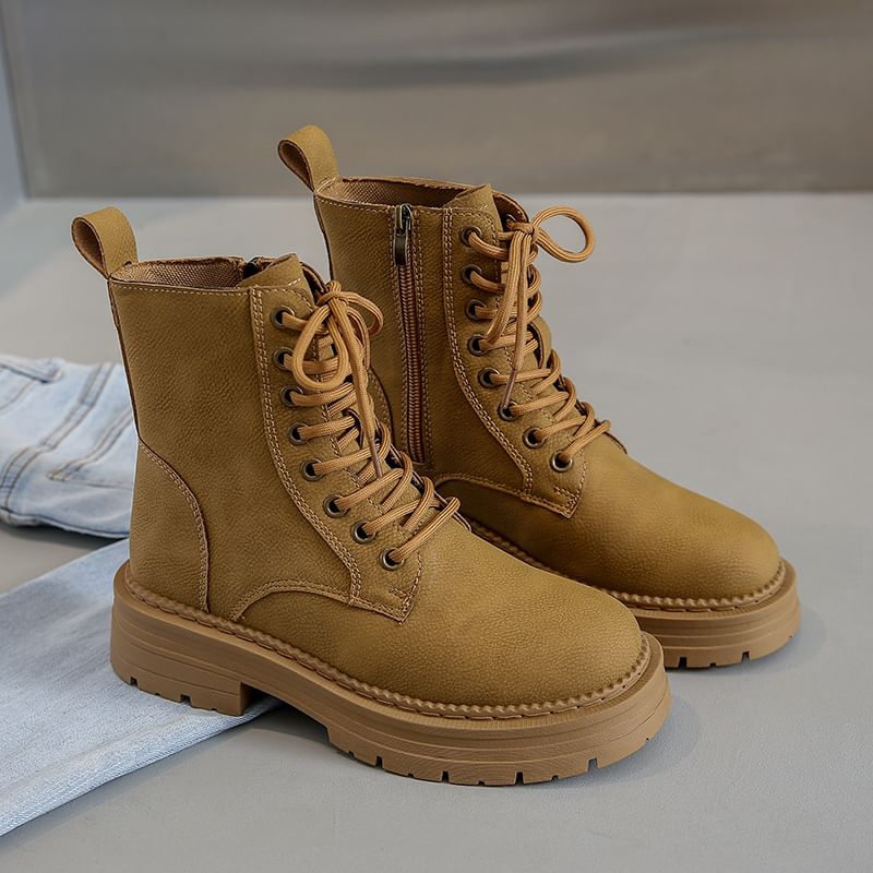 Faux Heel Boots Short Plain Chunky Lace-Up Leather