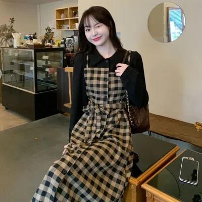 Midi Dress Long-Sleeve Plaid Mock Collared A-Line Two Piece