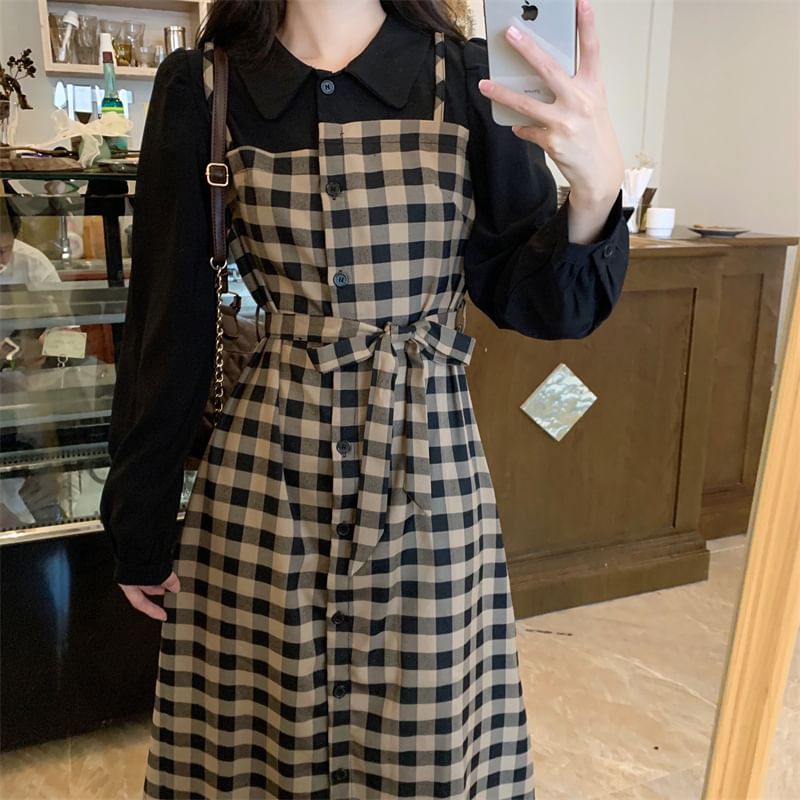 Midi Dress Long-Sleeve Plaid Mock Collared A-Line Two Piece
