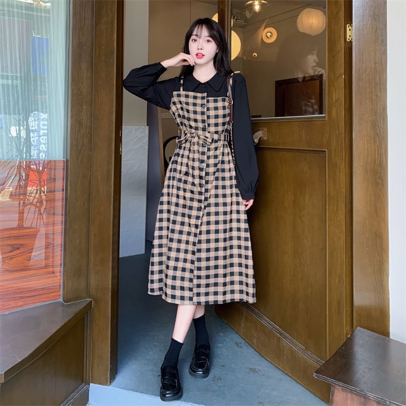 Midi Dress Long-Sleeve Plaid Mock Collared A-Line Two Piece