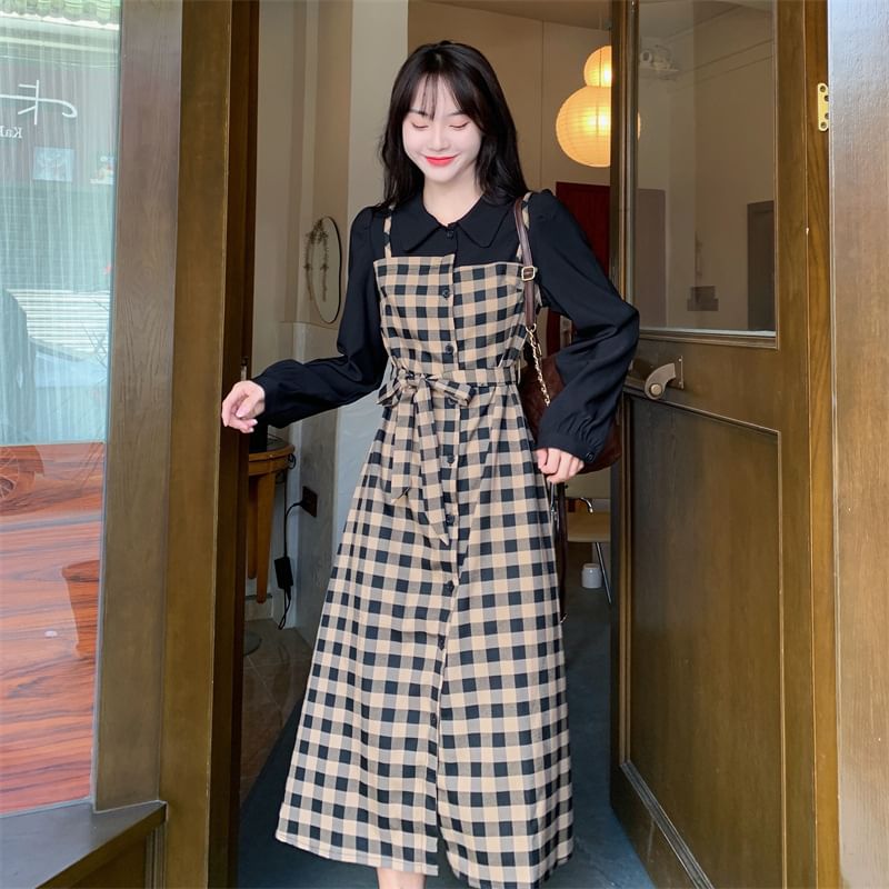 Midi Dress Long-Sleeve Plaid Mock Collared A-Line Two Piece
