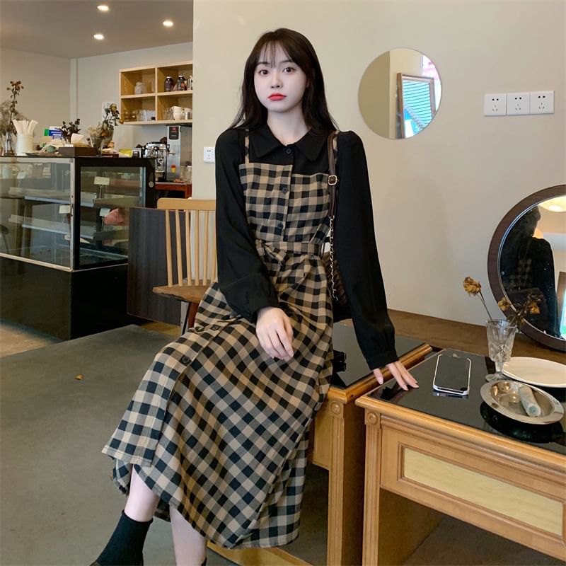 Midi Dress Long-Sleeve Plaid Mock Collared A-Line Two Piece