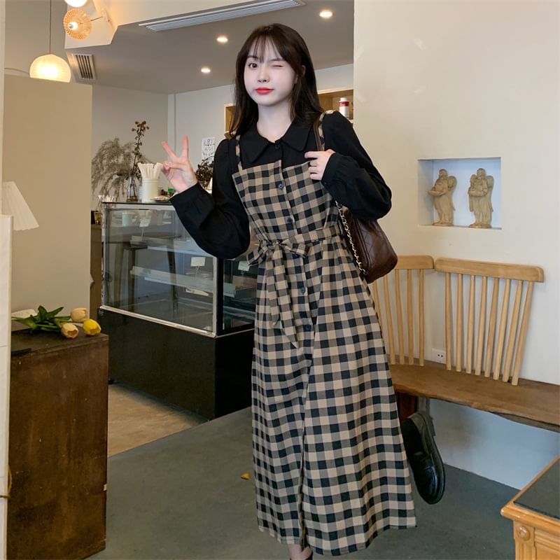 Midi Dress Long-Sleeve Plaid Mock Collared A-Line Two Piece