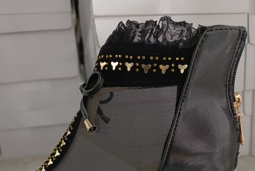 Trim Heel Pointed Lace Chunky Mesh Ankle Panel Boots