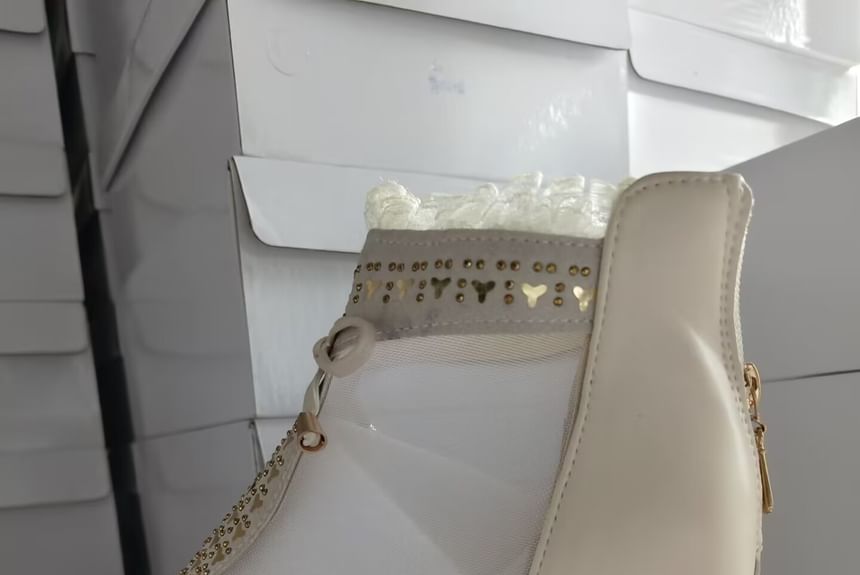 Trim Heel Pointed Lace Chunky Mesh Ankle Panel Boots