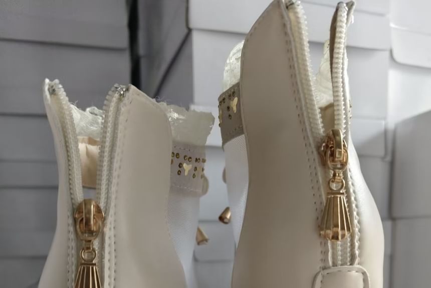 Trim Heel Pointed Lace Chunky Mesh Ankle Panel Boots