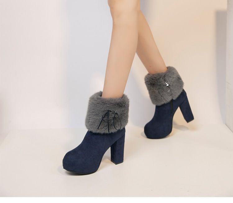 Heel Ankle Fluffy Trim Platform Boots Chunky