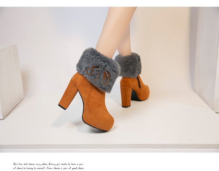 Heel Ankle Fluffy Trim Platform Boots Chunky