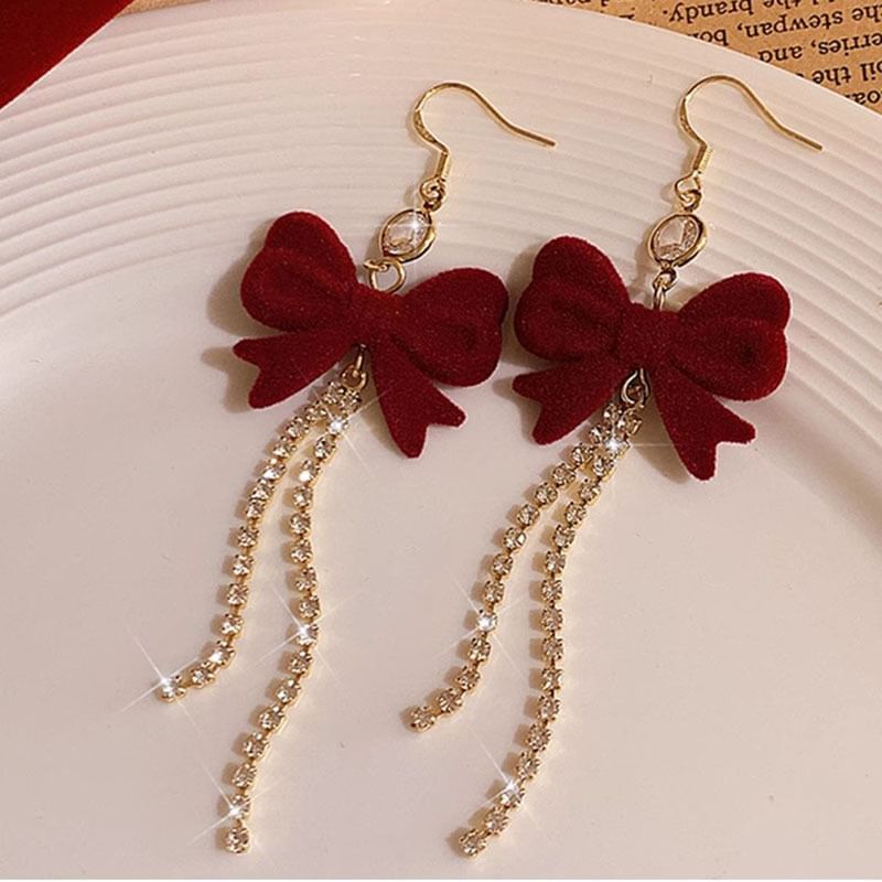 Flocking Bow Rhinestone Alloy Threader Earring