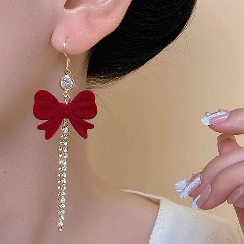 Flocking Bow Rhinestone Alloy Threader Earring