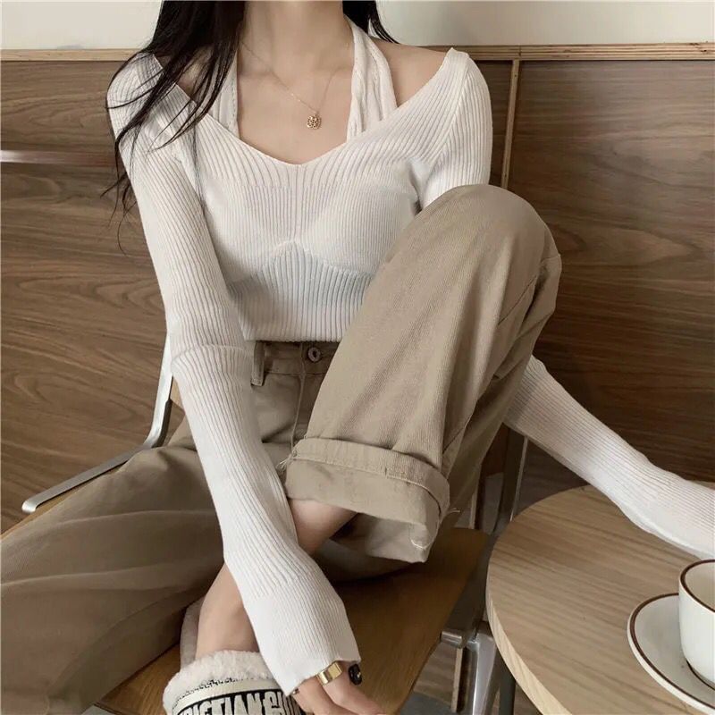 Neck Halter Fit Slim Top Ribbed Mock Plain Long-Sleeve Knit Two-Piece