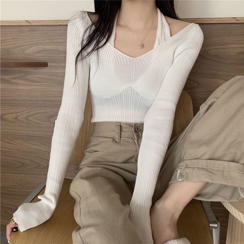 Neck Halter Fit Slim Top Ribbed Mock Plain Long-Sleeve Knit Two-Piece