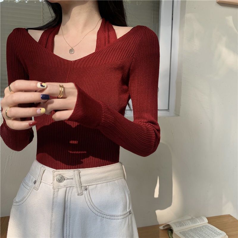 Neck Halter Fit Slim Top Ribbed Mock Plain Long-Sleeve Knit Two-Piece