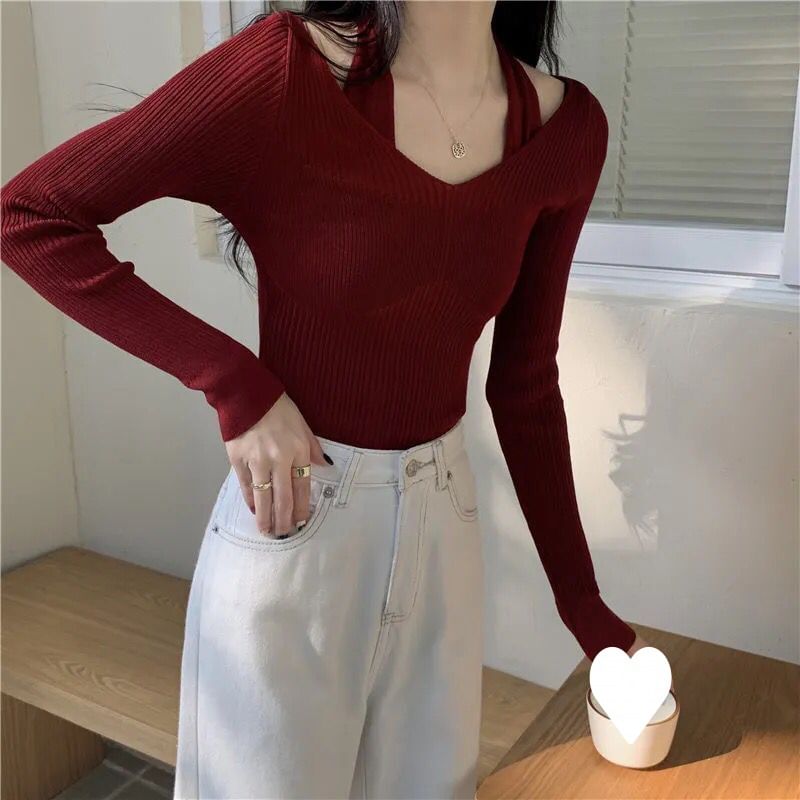 Neck Halter Fit Slim Top Ribbed Mock Plain Long-Sleeve Knit Two-Piece
