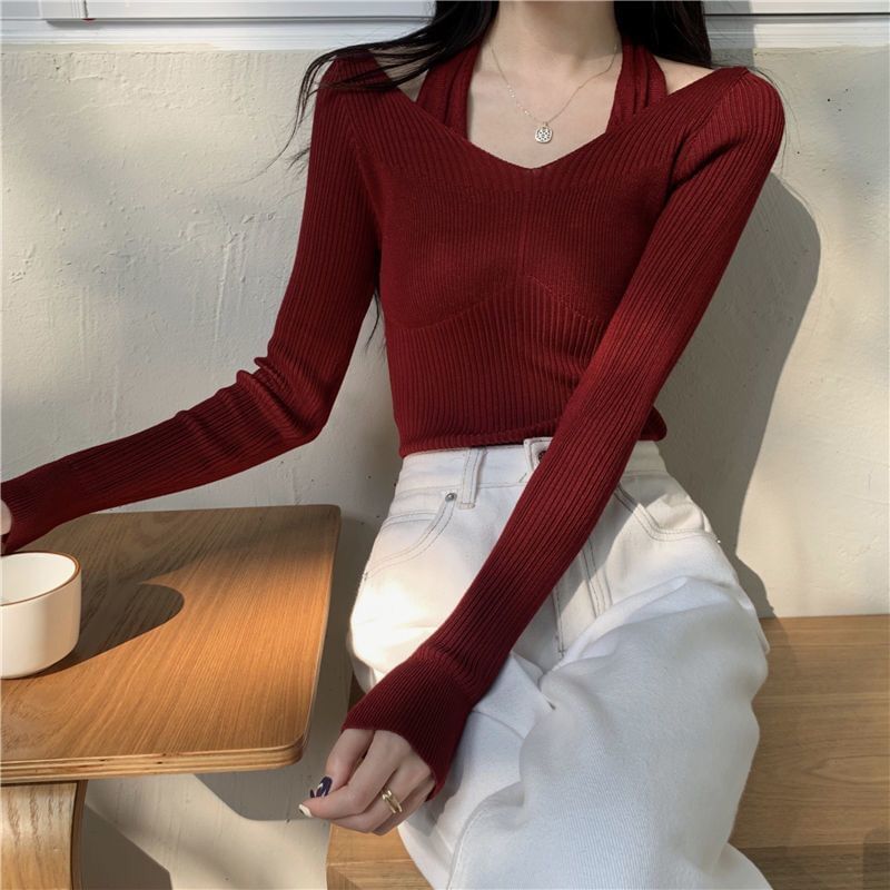 Neck Halter Fit Slim Top Ribbed Mock Plain Long-Sleeve Knit Two-Piece