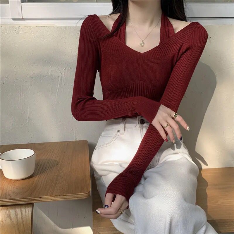 Neck Halter Fit Slim Top Ribbed Mock Plain Long-Sleeve Knit Two-Piece