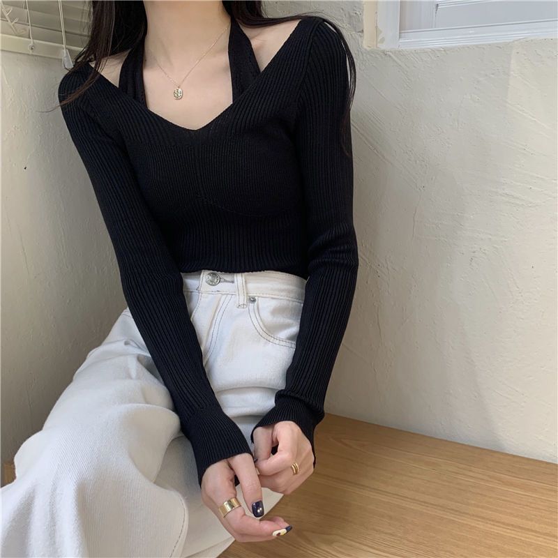 Neck Halter Fit Slim Top Ribbed Mock Plain Long-Sleeve Knit Two-Piece