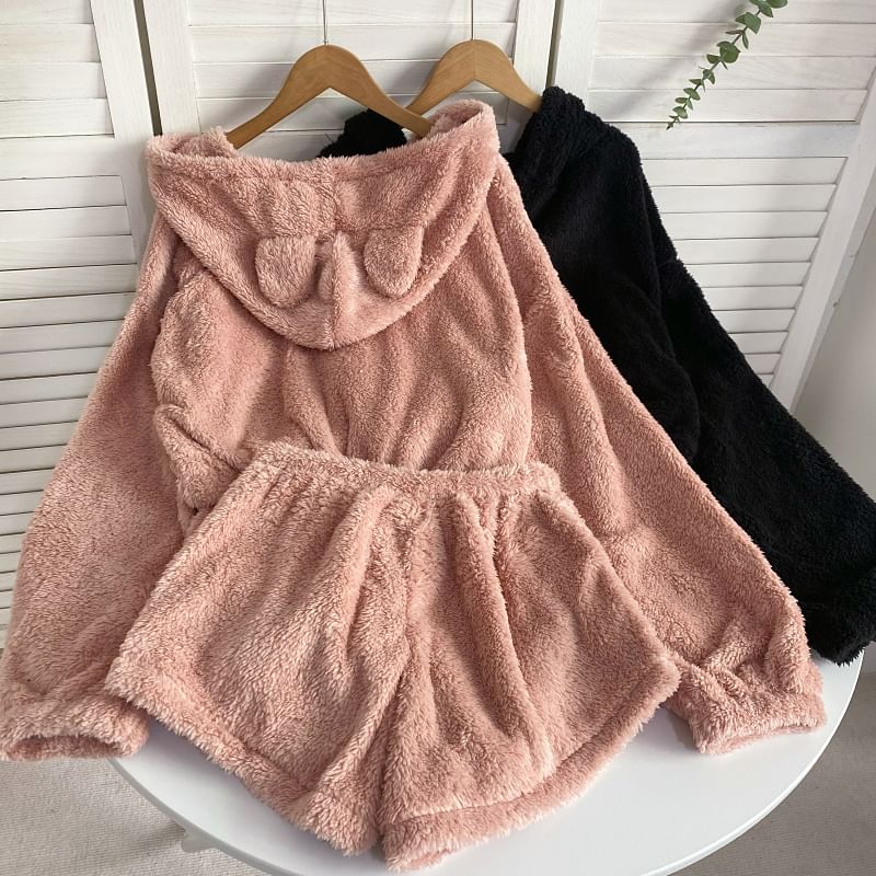 Set: Übergroßer Kapuzenpullover mit schlichtem Bärenohrenmuster + Shorts mit elastischer Taille