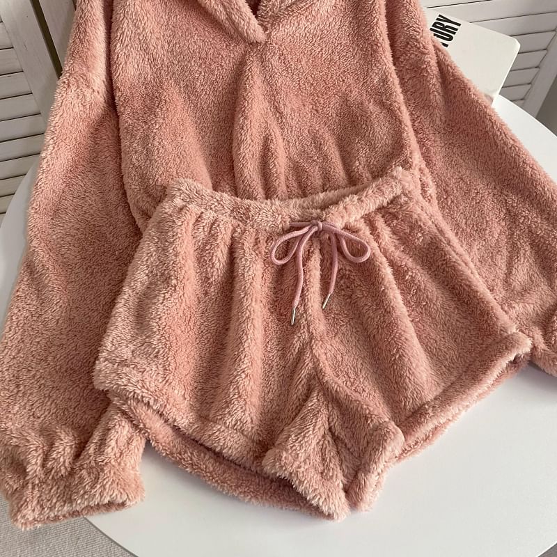 Set: Übergroßer Kapuzenpullover mit schlichtem Bärenohrenmuster + Shorts mit elastischer Taille