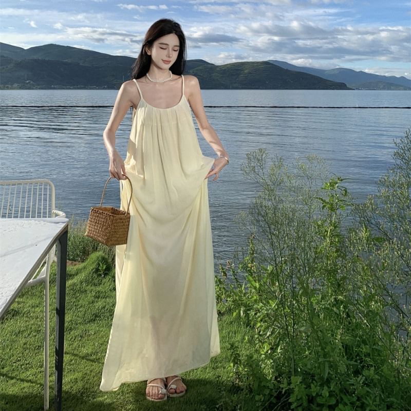 Plain Spaghetti Scoop Dress Maxi Back Open Strap A-Line Neck