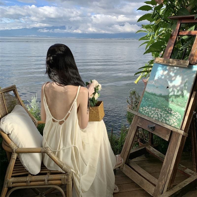 Plain Spaghetti Scoop Dress Maxi Back Open Strap A-Line Neck