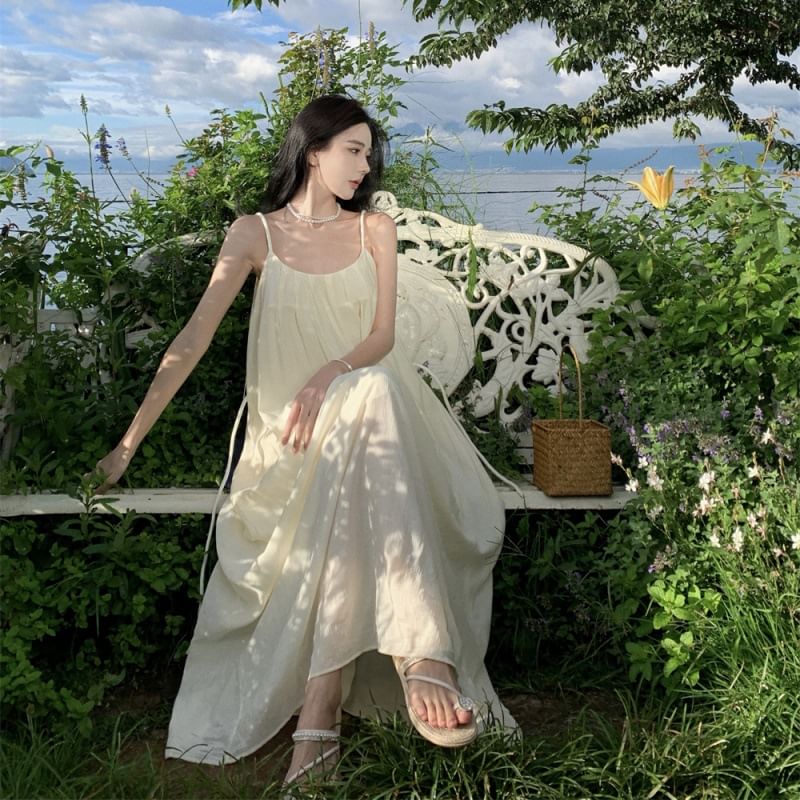 Plain Spaghetti Scoop Dress Maxi Back Open Strap A-Line Neck