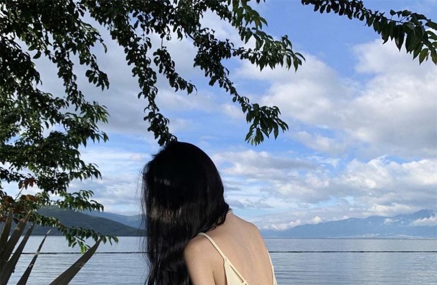 Plain Spaghetti Scoop Dress Maxi Back Open Strap A-Line Neck