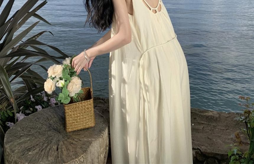 Plain Spaghetti Scoop Dress Maxi Back Open Strap A-Line Neck