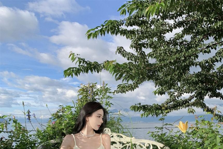 Plain Spaghetti Scoop Dress Maxi Back Open Strap A-Line Neck