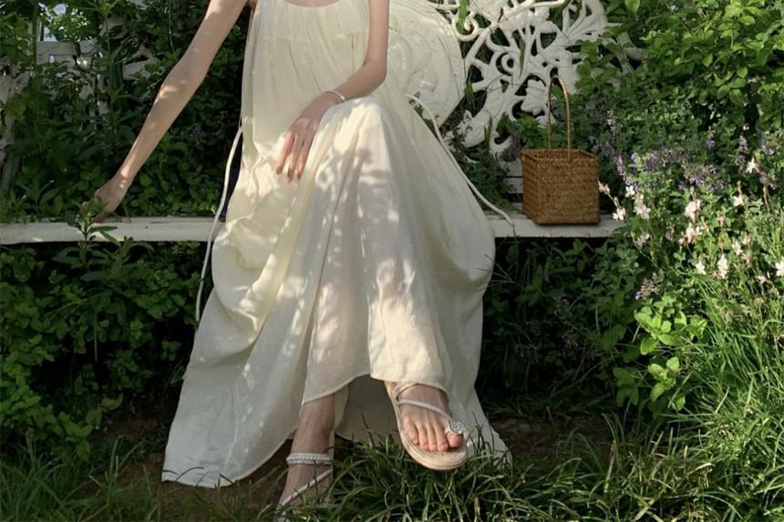 Plain Spaghetti Scoop Dress Maxi Back Open Strap A-Line Neck