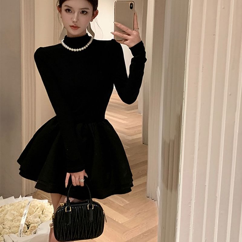 Plain A-Line Long-Sleeve Knit Mock Dress Layered Neck Mini