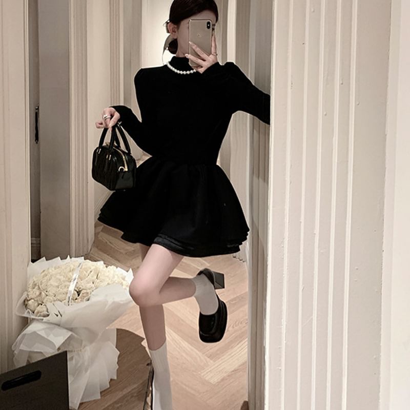Plain A-Line Long-Sleeve Knit Mock Dress Layered Neck Mini