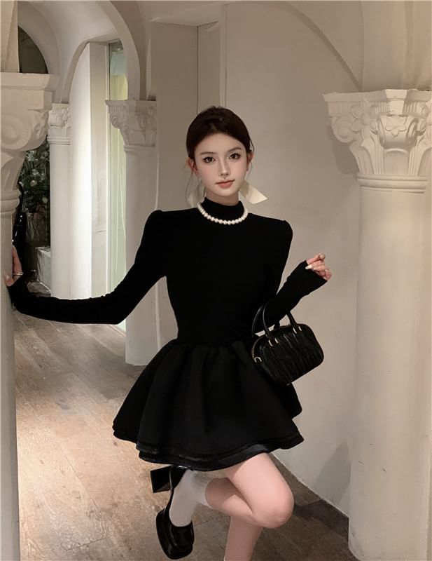 Plain A-Line Long-Sleeve Knit Mock Dress Layered Neck Mini