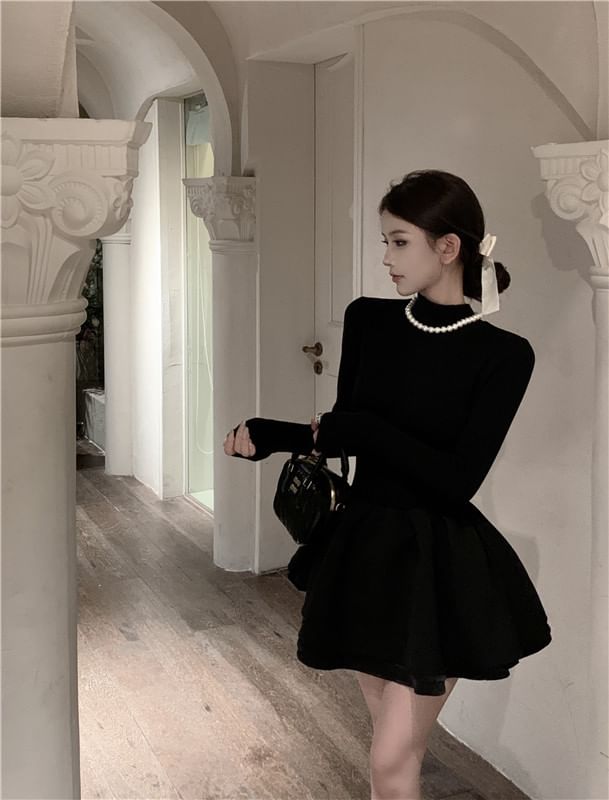 Plain A-Line Long-Sleeve Knit Mock Dress Layered Neck Mini