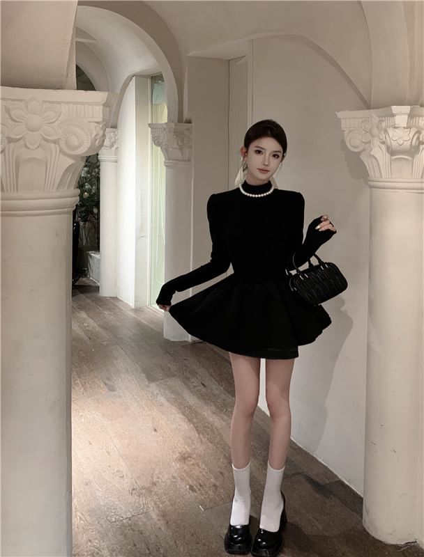 Plain A-Line Long-Sleeve Knit Mock Dress Layered Neck Mini