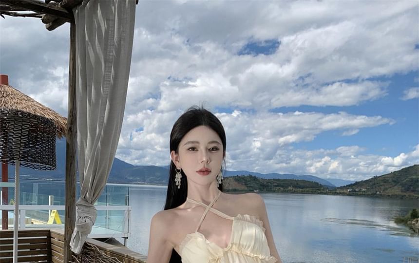 Trim Plain Dress Open Ruffle Asymmetrical Maxi A-Line Neck Frill Back Halter