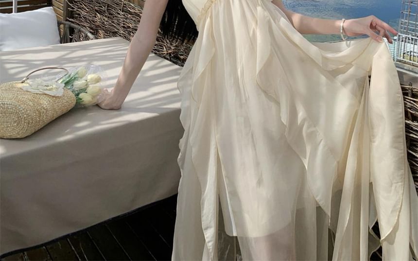 Trim Plain Dress Open Ruffle Asymmetrical Maxi A-Line Neck Frill Back Halter