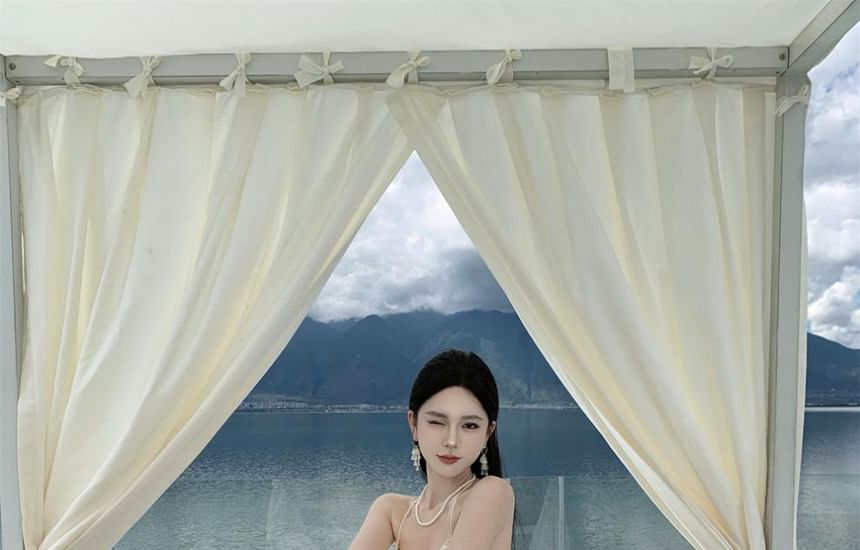 Trim Plain Dress Open Ruffle Asymmetrical Maxi A-Line Neck Frill Back Halter